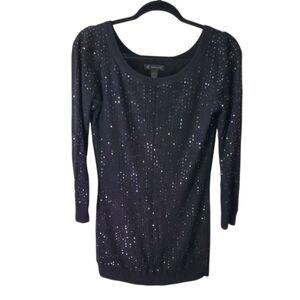 INC International Concepts Black Sequin 3/4 Sleeve Knit Sweater Tunic Top Size M